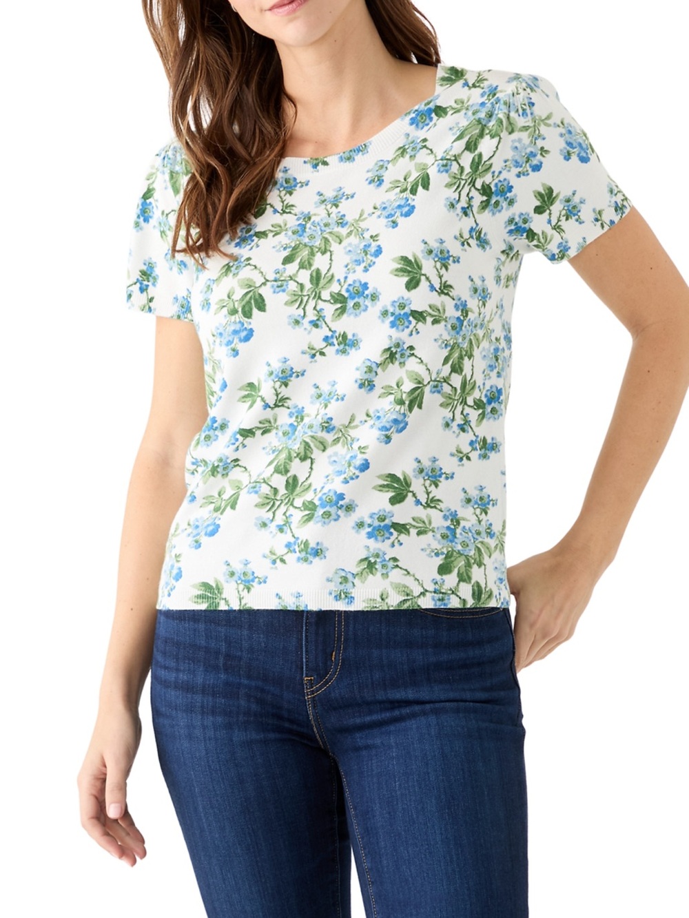 crown & ivy White Tee with Blue and Green Floral Print